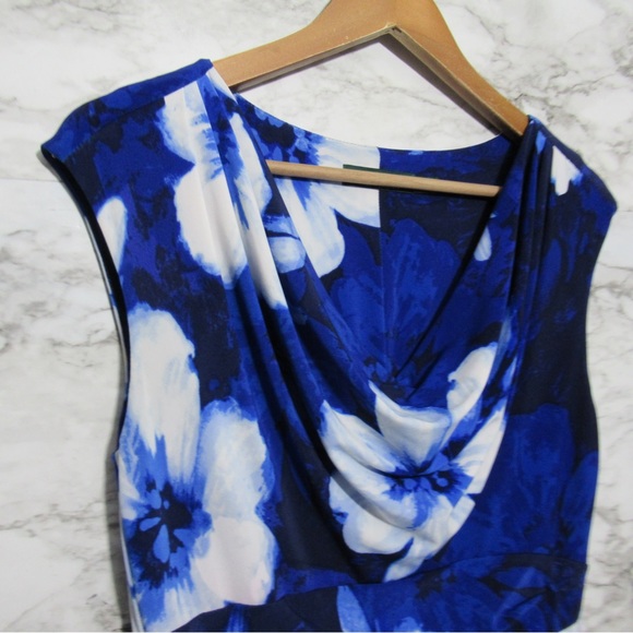Lauren Ralph Lauren Floral Cowl Neck Sleeveless Sheath Dress Blue White Size 8 - Picture 3 of 16